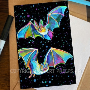Creepy Cute Gothic Bat Mini Print; Unframed 4x6 Psychedelic Bats Wall Art, Pastel Goth Art Prints, Funny Halloween Bat Giclee Wall Art Print