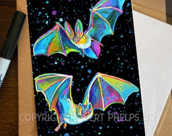 Creepy Cute Gothic Bat Mini Print; Unframed 4x6 Psychedelic Bats Wall Art, Pastel Goth Art Prints, Funny Halloween Bat Giclee Wall Art Print