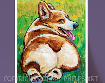 May include: An original painting of a corgi dog, rendered in a vibrant, impressionistic style. The dog is depicted from behind, with its head turned, tongue out, and set against a backdrop of green grass and yellow flowers. The artwork is signed by the artist.