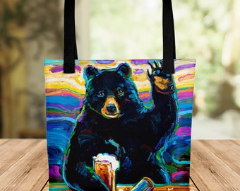 Black Bear Tote bag, Bear Art Tote, Psychedelic Tote, Bear Lover Gift, Beer Lover Gifts, Beer Bag, Hippie Market bag, Bear Shopping Bag, Art