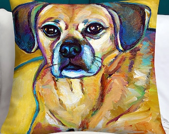 Puggle Pillow, Dog Throw Pillow, Puggle Lover Gift, Colorful Pet Decor, Holiday Pet Gifts, Puggle Gifts, Dog Home Decor, Puggle Dog Art, Pug