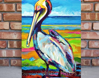 Cartel colorido del pelícano, decoración de la pared del pelícano, impresión de arte del pelícano, decoración del hogar del pelícano, regalos del amante del pelícano, pintura del pelícano marrón, decoración de la playa