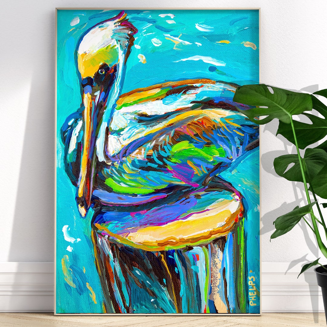 Colorful Pelican Painting Art Print, Coastal Wall Art, Vibrant Bird ...