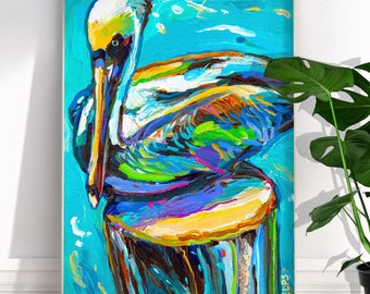 Colorful Pelican Painting Art Print, Coastal Wall Art, Vibrant Bird Decor, Beach House Decor, Modern Nautical Artwork, Pelican Poster Prints