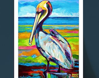 Tropical Pelican Art, Pelican Art Print, Florida Pelican Painting, Beach Lover Gift, Bird Wall Art, Pelican Illustration, Coastal Home Decor