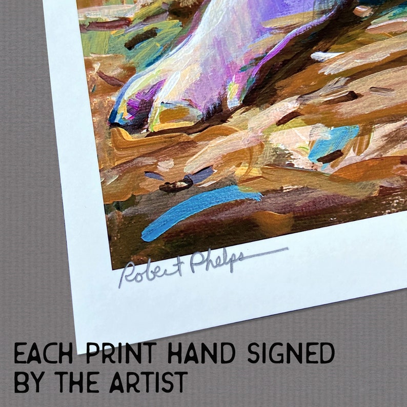 May include: A close-up of a colorful painting of a dog's paw. The painting is signed "Robert Phelps" in the bottom right corner.