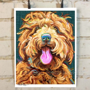 May include: A painting of a brown and white dog with its tongue sticking out. The dog has a playful expression and is painted in a colorful, abstract style. The background is a dark teal color.