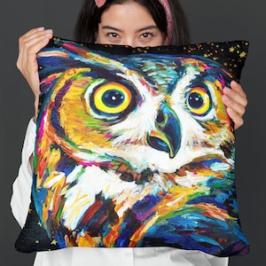 Horned Owl Couch Pillow - Unique Owl Decor for Bed or Couch, Colorful Throw Pillow, Perfect Gift for Owl Lovers, Witchy Owls Couch Pillows