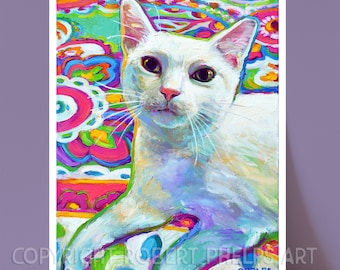 Colorful Cat Art, Cute Cat Art Print, Pet Home Decor, Cat Lover Gift, Cat Home Decor, White Cat Art, Cute Cat Painting, Custom Pet Portraits