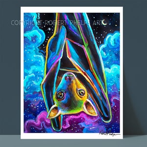Spooky Bat Art Print, Fruit Bat Wall Art, Creepy Cute Bat Painting, Bat Gifts for Women, Bat Lover Gifts, Spooky Bookshelf Art, Gothic Decor