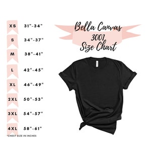 Puede incluir: Tabla de tallas Bella Canvas 3001 para camisetas, que muestra las medidas del pecho en pulgadas para las tallas XS a 4XL.