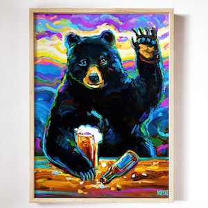 Asheville Black Bear Poster, Beer Drinking Bear Artwork, Psychedelic Animal Print, Funny Bear Artwork, Asheville Bear Prints, Asheville Beer