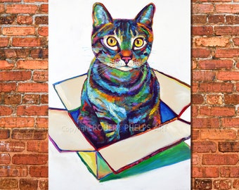 Pintura original de gato psicodélico sobre lienzo; arte de pared de gato acrílico único, arte único para amantes de los gatos, arte de animales grandes, arte de gato único en su tipo, arte