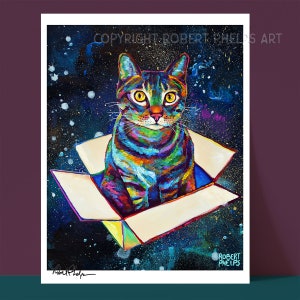 May include: A colorful painting of a tabby cat sitting inside a box floating in space. The cat has yellow eyes and is looking directly at the viewer. The background is a dark blue with white stars and a galaxy of colors.