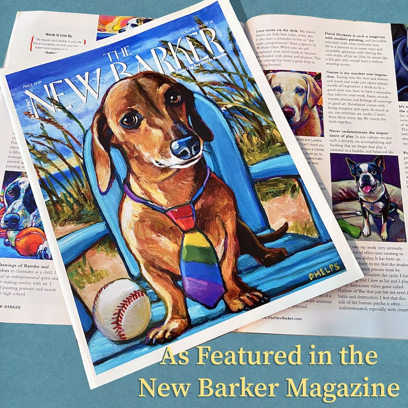 May include: A colorful illustration of a dachshund wearing a rainbow tie and sitting on a blue chair. The dog is holding a baseball in its paws. The illustration is featured in "The New Barker" magazine.