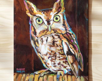 Colorful Owl Wall Art, Wildlife Giclée Print by Robert Phelps, Bird Watcher Gift, Rustic Cabin Woodland Decor, Eastern Screech Owl