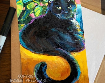 Black Cat Art Print 4x6, Colorful Cat Painting Mini Print, Cat Lover Gift, Black Cat Decor, Modern Feline Wall Art, Vibrant Animal Artwork