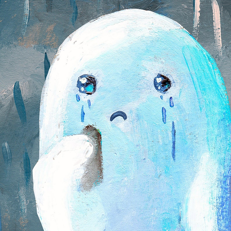 May include: A whimsical painting of a light blue, teardrop-shaped figure with a sad expression. The figure has large, black eyes with blue highlights and is crying blue tears. The background is a textured, muted blue and gray.