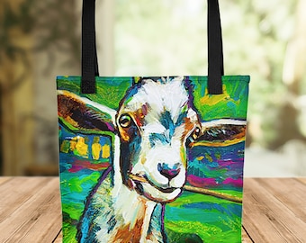 Psychedelic Goat Tote bag, Cute Farm Goat Carryall Bag, Colorful Kids Goat Tote Bags, Vibrant Farm Art Tote Bag, Capricorn Purse, Goat Art