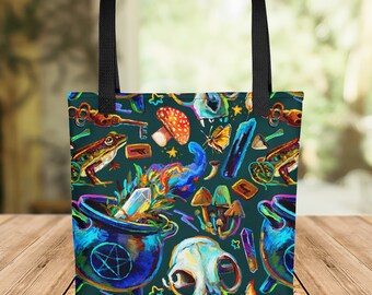 Dark Academia Cottagecore Witchy Pattern Tote Bag, Perfect Blend of Gothic & Nature-Inspired Designs, Ideal for Everyday Use, Mushroom Gifts