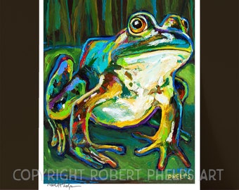 Puede incluir: Una pintura vibrante de una rana verde con acentos amarillos, azules y rojos. La rana está sentada en una superficie verde con un fondo verde oscuro.