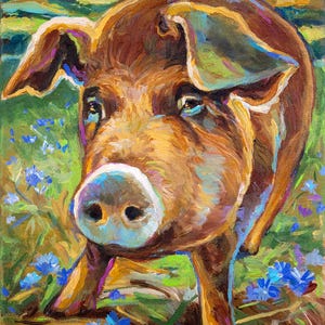 Fine Art Pig Painting on Canvas, Pig Lover Gift, Hand-Painted Pig Art, Unique Farm Animal Wall Decor - Whimsical Pig Artwork Farmhouse Decor