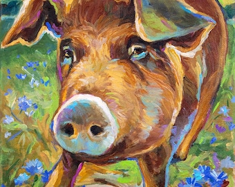 May include: A close-up painting of a brown pig with a blue nose and green ears. The pig is standing in a field of blue flowers.
