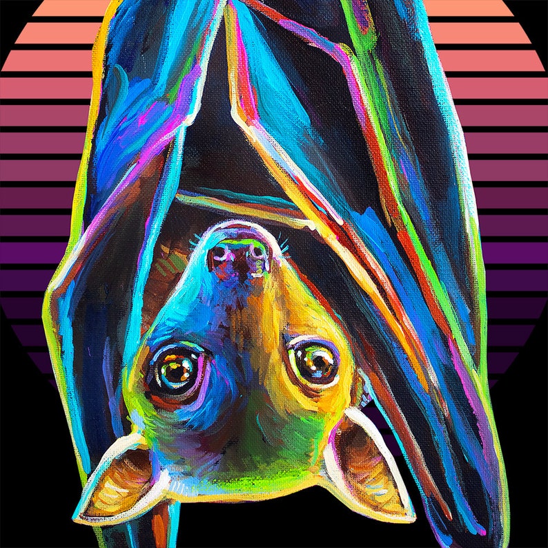 May include: A colourful painting of a bat hanging upside down. The bat is painted in bright colours, including blue, green, yellow, and orange. The background is a sunset with stripes of pink, purple, and orange.
