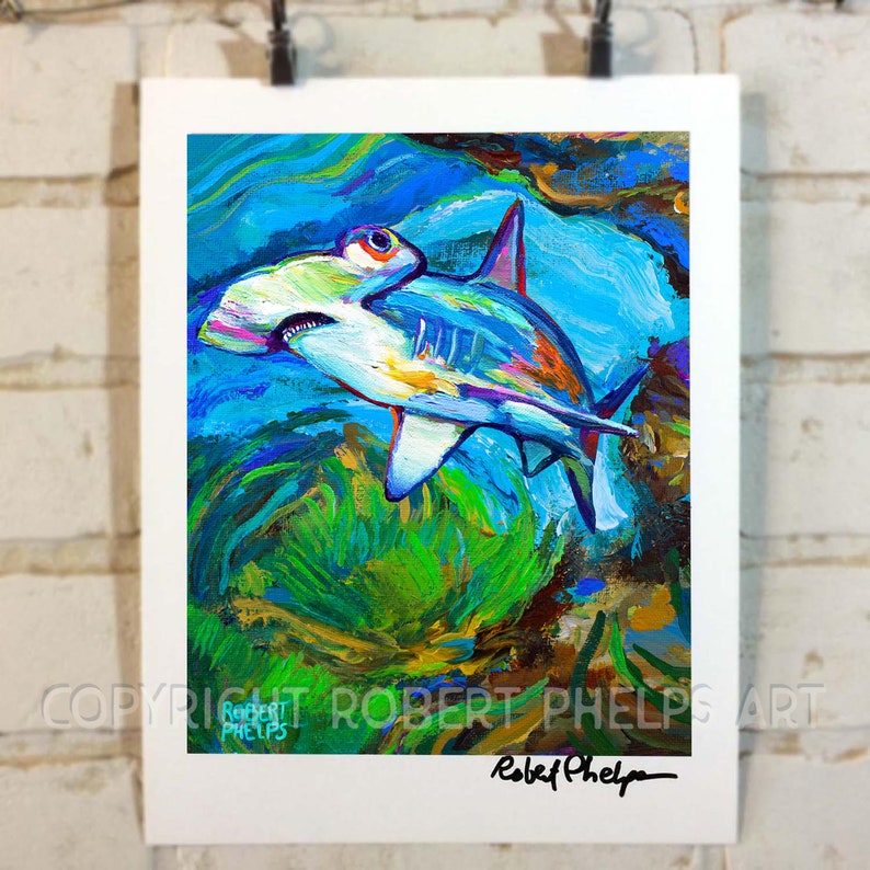 Colorful HAMMERHEAD SHARK ART Print Unique Shark Wall Art Etsy