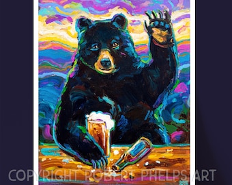 Psychedelic Bear Print, Asheville Art Prints, Black Bear Painting, Beer Lover Poster, Asheville Wall Art, Asheville Gifts, Black Bear Prints