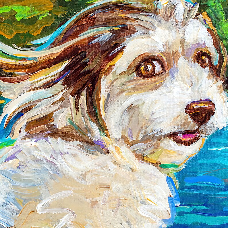 May include: A painting of a white and brown dog with brown eyes, a pink tongue, and a black nose. The dog is painted in a loose, expressive style with visible brushstrokes. The background is a blur of blue and green.