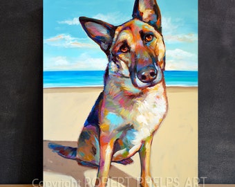 Decor Wall Art, Original Canvas Large, German Shepherd Art, Dog Home Decor, Original Dog Painting, Dog Home Decor, Modern Pet Art, Beach Art