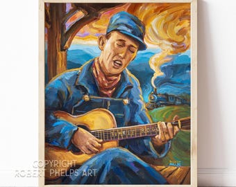Jimmie Rodgers kunstprint, kleurrijke muurdecoratie met countrymuziekmotief.
