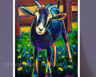 May include: A colorful painting of a black and white goat standing in a field of green grass with yellow flowers. The goat is looking directly at the viewer. The painting is signed "Robert Phelps" in the bottom left corner and "PHELPS" in the bottom right corner.