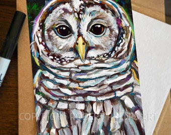 Colorful 4x6 Barred Owl Art Print, Bird Art Mini Print, Gothic Home Decor, Owl Art Print, Unique Forest Arts, Owl Lover Gift, Goblincore Art