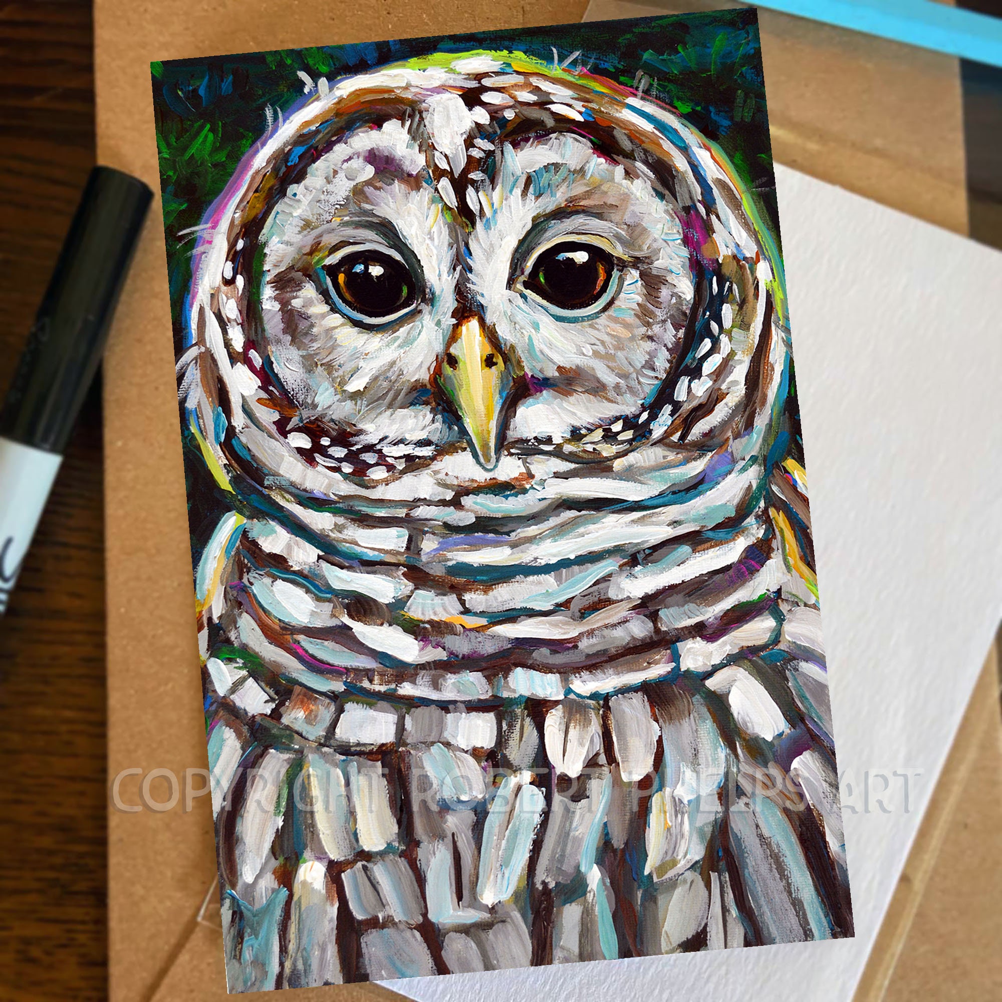 Colorful 4x6 Barred Owl Art Print, Bird Art Mini Print, Gothic