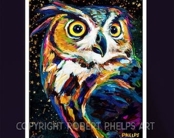 Colorful Owl Wall Art, Great Owl Art Print, Owl Lover Gift, Witchy Wall Art, Owl Paintings, Dark Academia Owl Home Decor, Goblincore Owl Art
