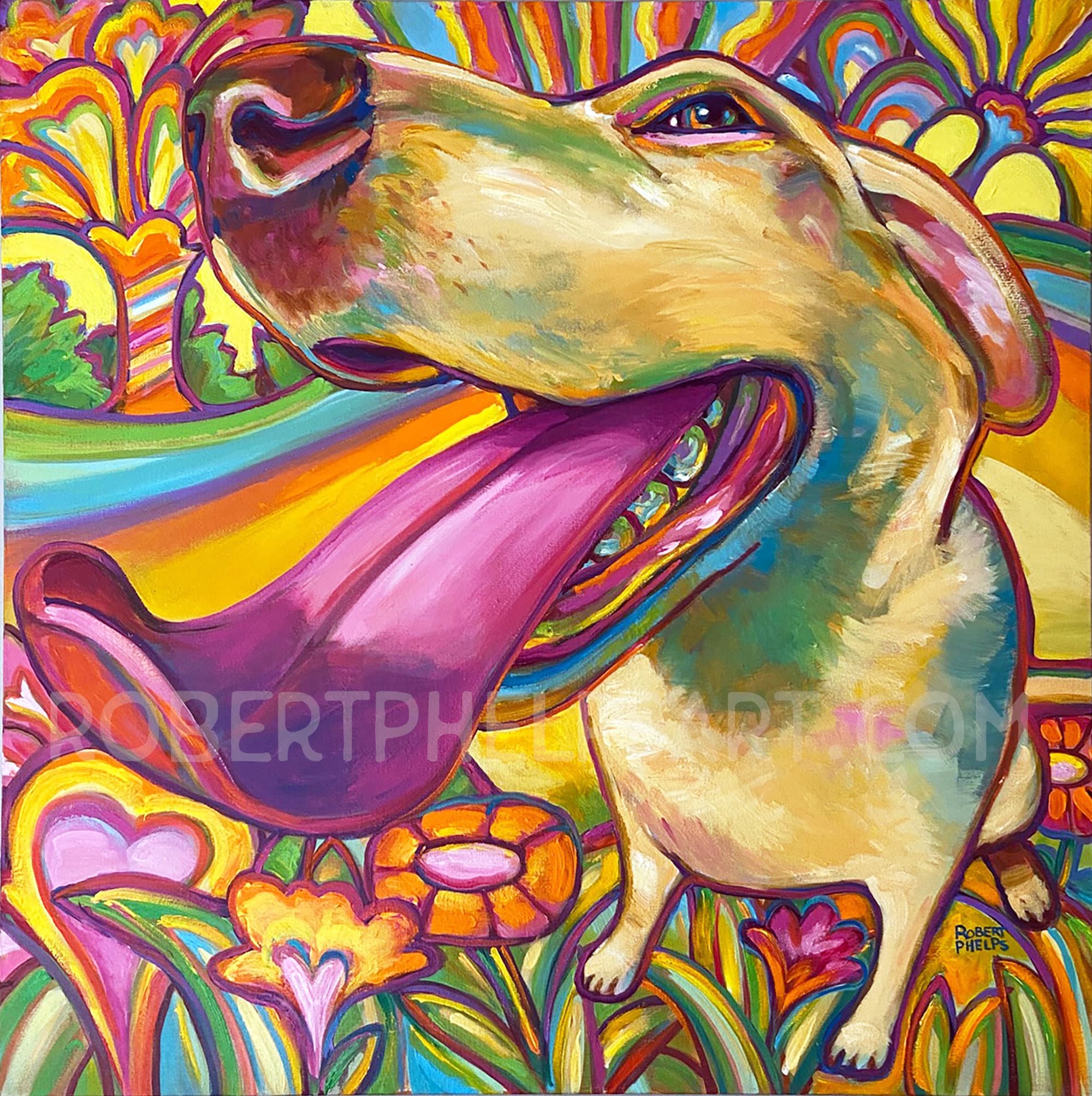 絵画 dogliquid Psychedelic Blond Labrador Acrylic Portrait on Canvas; Original