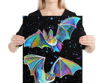 Psychedelic Halloween Bat Art Poster, 16 x 20 Flying Bat Giclee for Gothic Home Decor, Spooky Bats, Halloween Wall Art,