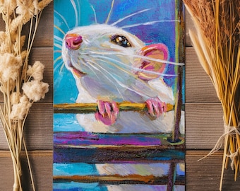 Colorful Rat Wall Art, Cute White Rat Illustration, Small Animal Painting Print, Bookshelf Decor Gift for Rat Lovers, Rat Mom Birthday Gifts