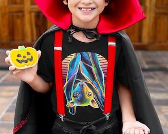 Kids Halloween Bat Tee Shirt, Youth Short Sleeve T-Shirt, Halloween Bat Shirt, Cute Kids Halloween Tee, Whimiscal Bat Art Shirt for Children