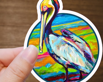 Adesivo pellicano colorato, decalcomania in vinile impermeabile, illustrazione pellicano per laptop, bottiglie d'acqua, diari, design unico di uccelli costieri