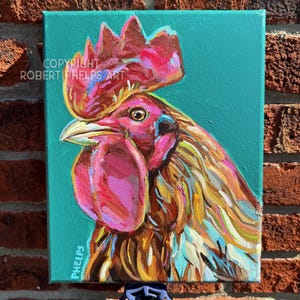 Colorful Rooster Original Painting Canvas, Abstract Chicken Wall Art, Original Acrylic Painting for Farmhouse Decor, Vibrant Chicken Canvas