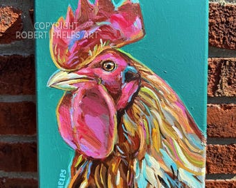 Colorful Rooster Original Painting Canvas, Abstract Chicken Wall Art, Original Acrylic Painting for Farmhouse Decor, Vibrant Chicken Canvas