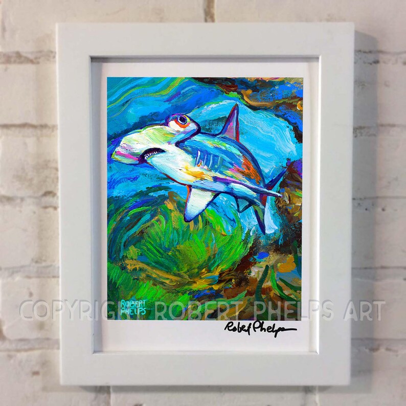 Colorful HAMMERHEAD SHARK ART Print Unique Shark Wall Art Etsy