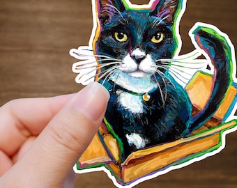 Pegatina de gato con esmoquin, arte de gato en blanco y negro, regalos de gato con esmoquin, pegatinas de gato bonitas, calcomanía para computadora portátil de gato con esmoquin, pegatina de gato Hydroflask, gatos