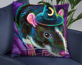 Cute Halloween Rat in a Witch Hat Pillow