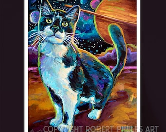 May include: A black and white cat with green eyes stands on a brown and purple planet surface. The cat is looking up at a ringed planet in the night sky. The painting is titled "Space Cat" and signed by Robert Phipps.