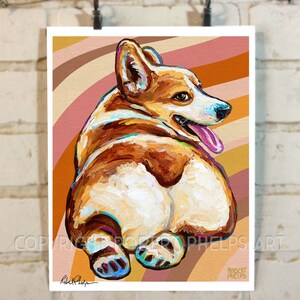 May include: A painting of a corgi dog with brown and white fur, sitting with its back to the viewer. The dog is painted in a colourful, abstract style with a background of orange, pink and brown stripes.