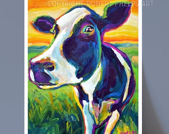 Colorful Cow Art Print, Cow Art For Wall, Gift For Cow Lover, Farmhouse Decor, Farmhouse Mantel Decor, Cow Birthday Gifts, Farmhouse Artwork